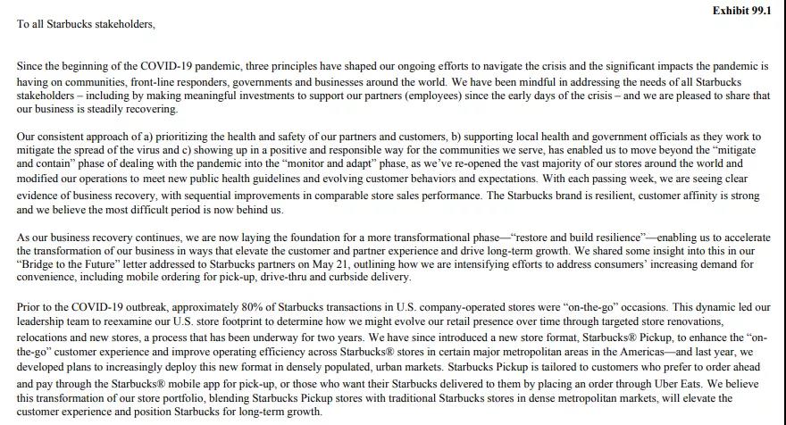 6月10日，星巴克咖啡公司总裁兼首席执行官Patrick Grismer在一封致星巴克利益相关者的信中介绍星巴克目前运营的整体情况。
