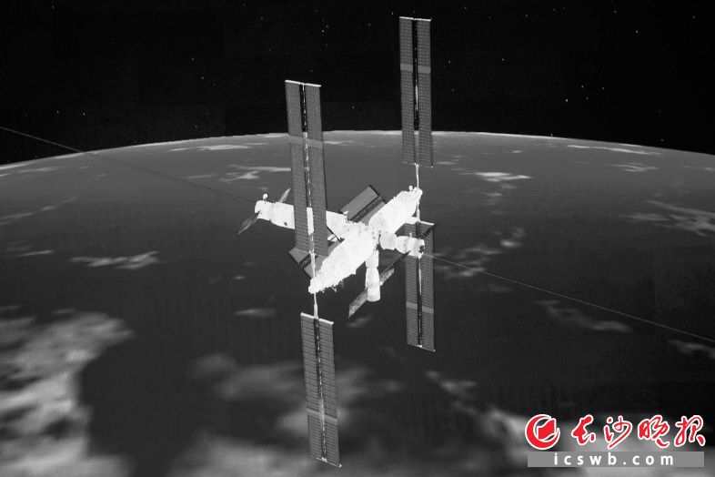 　　神舟十五号载人飞船入轨后，于11月30日5时42分成功对接于空间站天和核心舱前向端口，整个过程历时约6.5小时。这是在酒泉卫星发射中心拍摄的交会对接的模拟图像。                新华社发